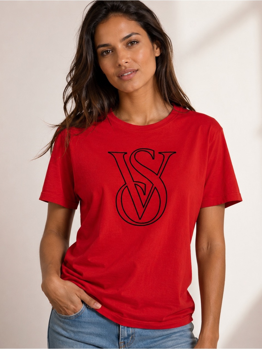 Victoria’s Secret Graphic Tee Womens M Red Black Flocked Velvet Logo 100% Cotton